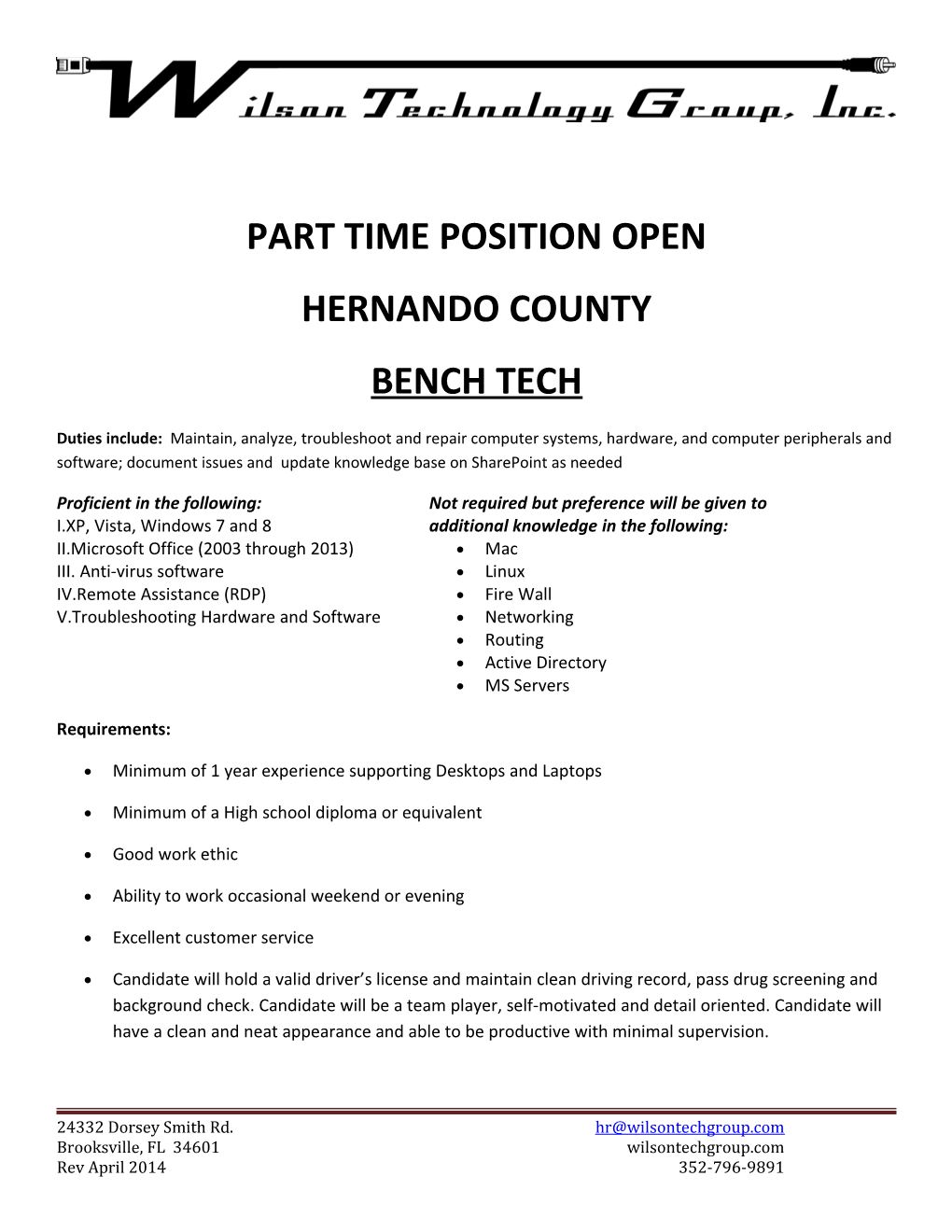 Part Time Position Open