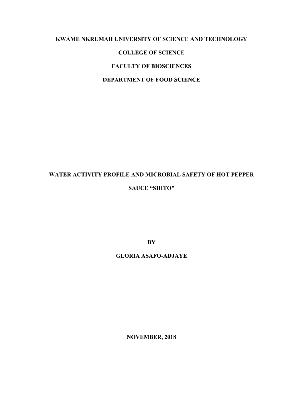 Kwame Nkrumah University of Science and Technology College of Science Faculty of Biosciences Department of Food Science Water Ac