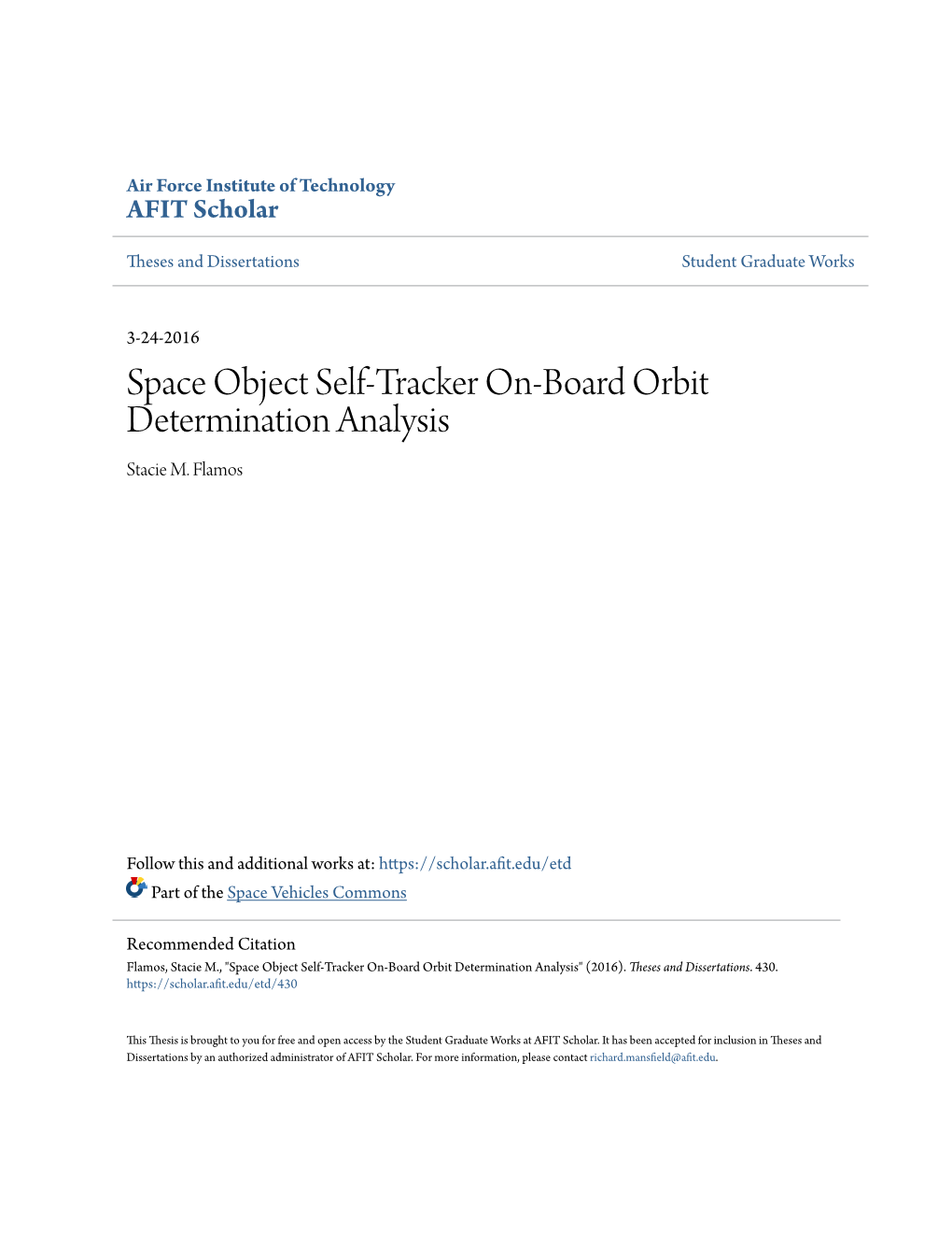 Space Object Self-Tracker On-Board Orbit Determination Analysis Stacie M