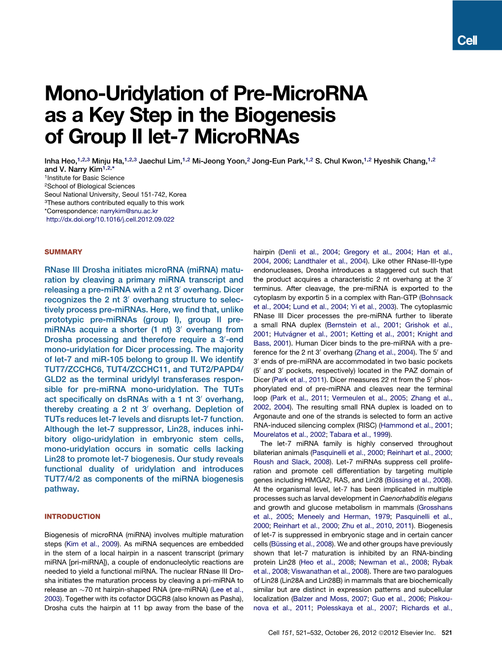 Mono-Uridylation of Pre-Microrna As a Key Step in the Biogenesis of Group II Let-7 Micrornas