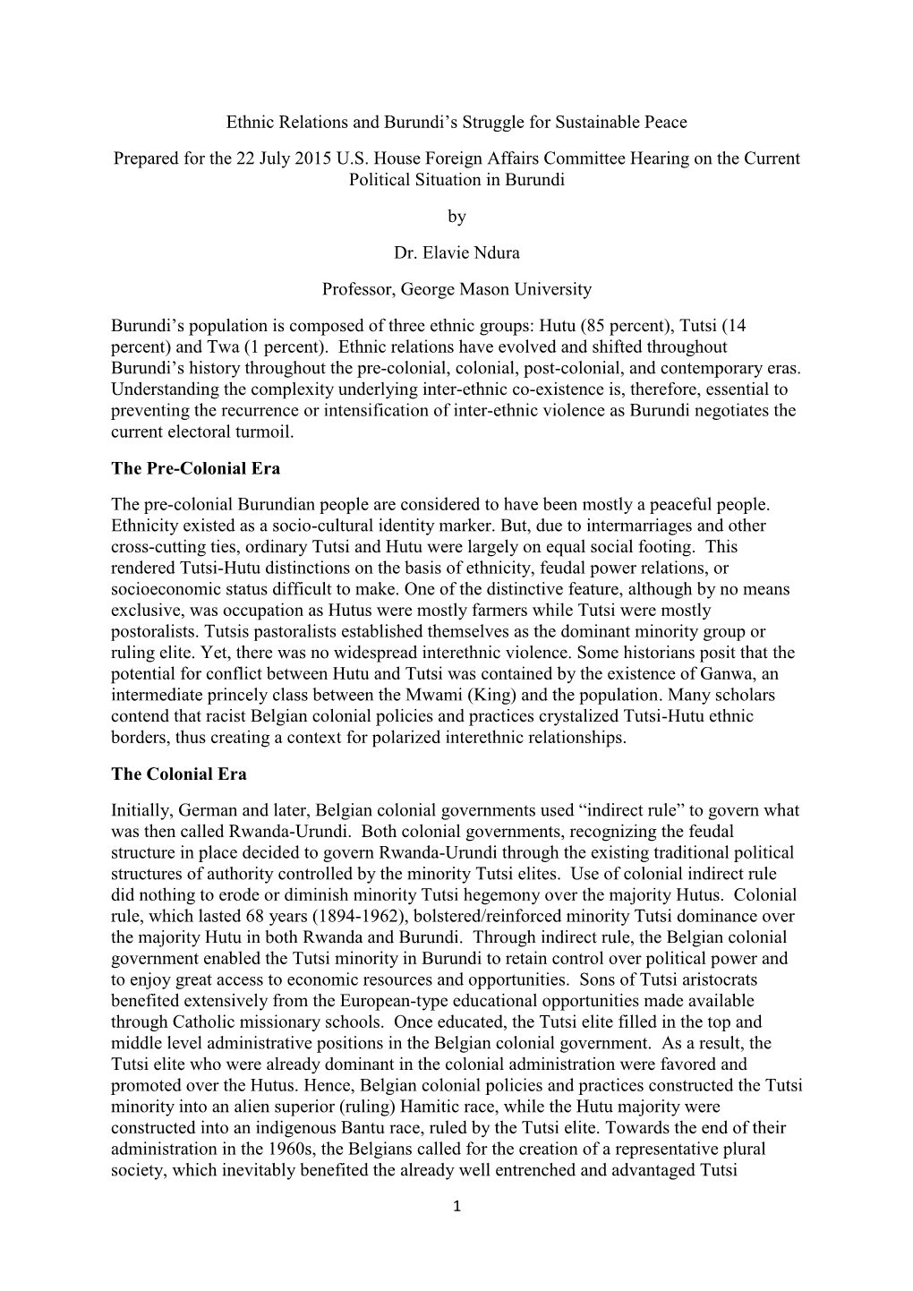 Ethnic Relations and Burundi's Struggle for Sustainable Peace