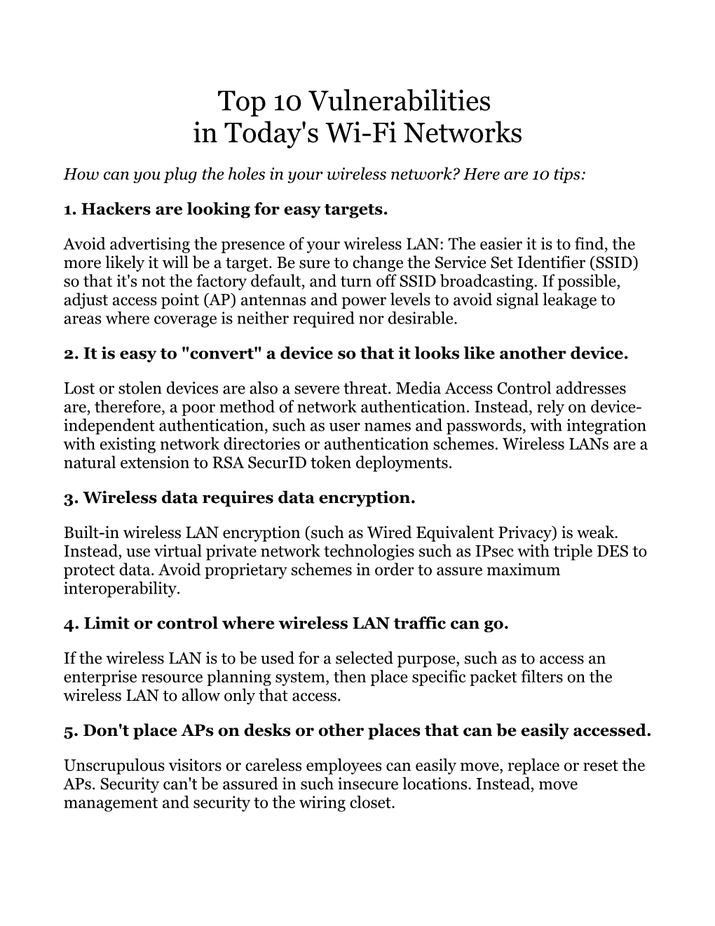 Top 10 Vulnerabilities in Today's Wi-Fi Networks