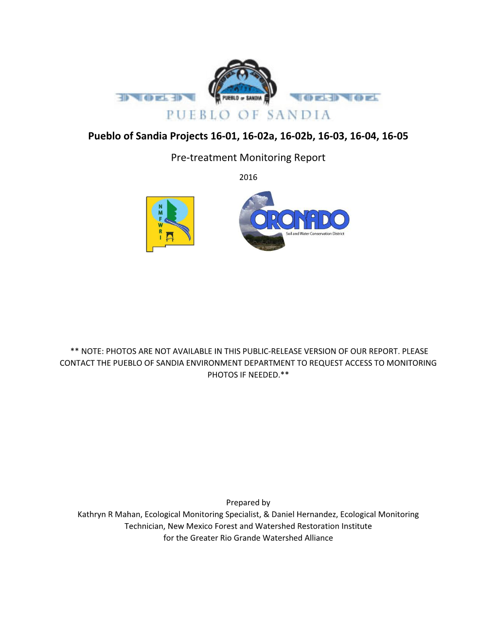 Pueblo of Sandia Projects 16-01, 16-02A, 16-02B, 16-03, 16-04, 16-05 Pre-Treatment Monitoring Report