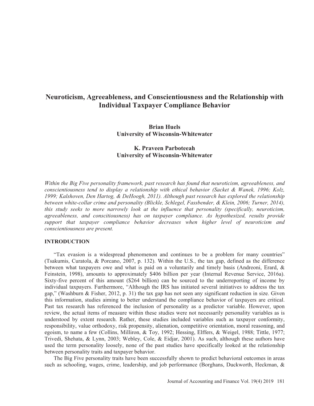 Neuroticism, Agreeableness, and Conscientiousness and the Relationship with Individual Taxpayer Compliance Behavior