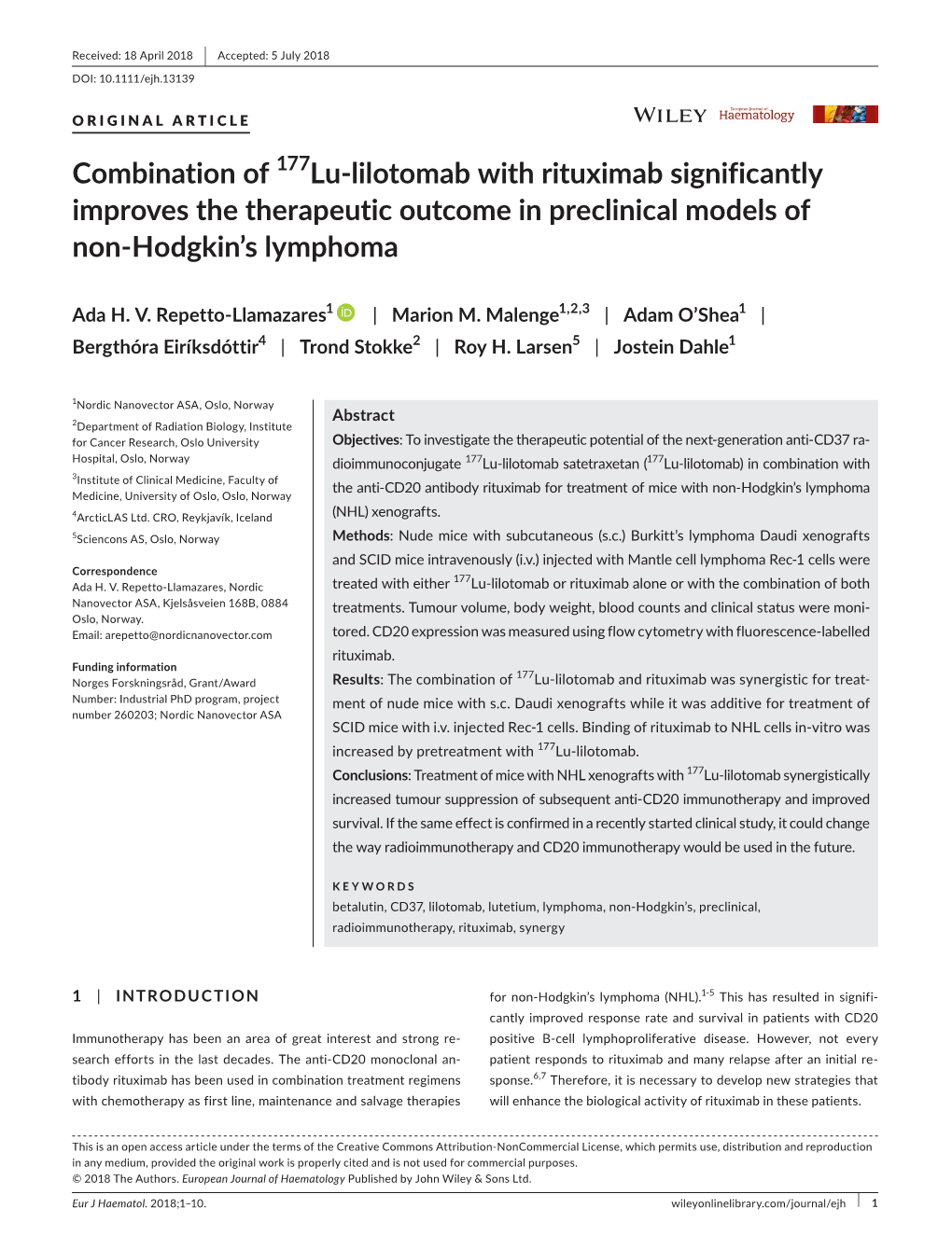 Combination of 177Lu‐Lilotomab with Rituximab Significantly Improves The