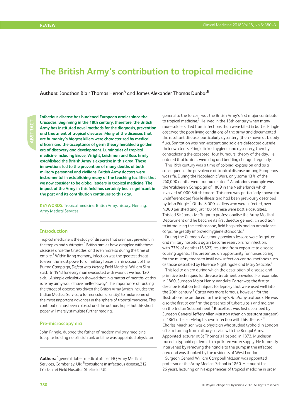 The British Army's Contribution to Tropical Medicine