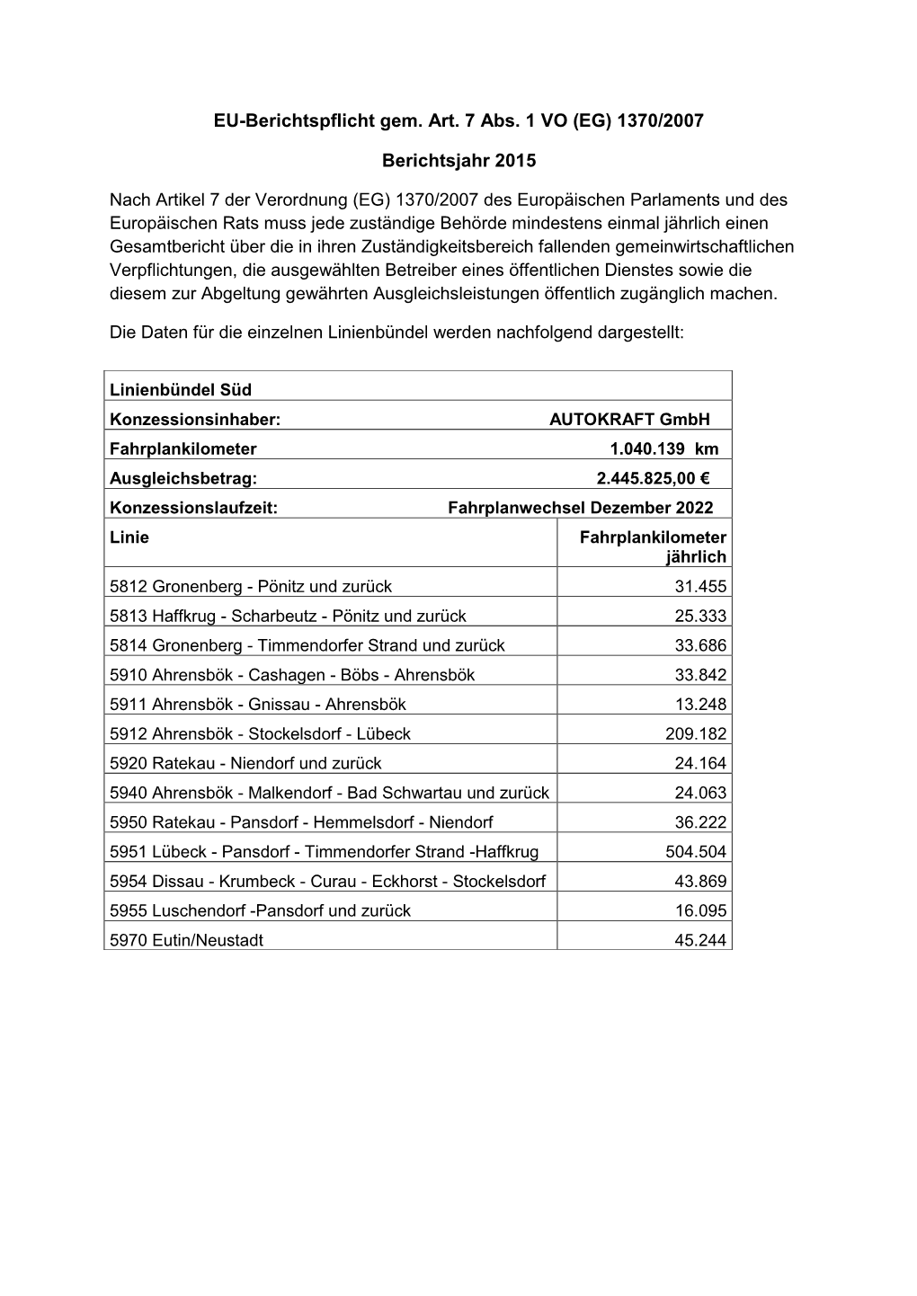 EU-Berichtspflicht Gem. Art. 7 Abs. 1 VO (EG) 1370/2007 Berichtsjahr 2015