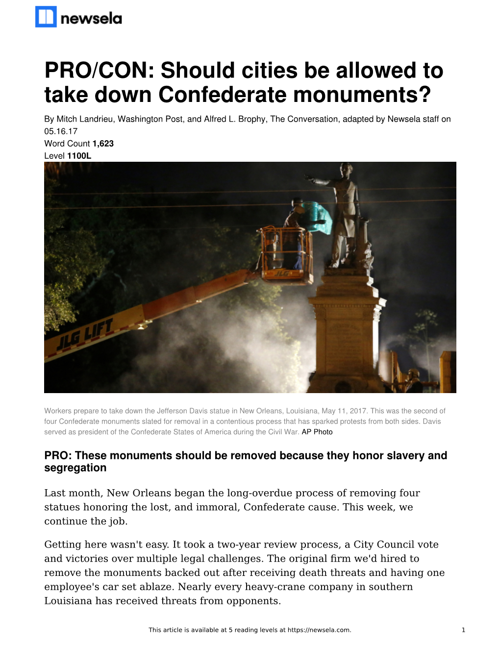 PRO/CON: Should Cities Be Allowed to Take Down Confederate Monuments? by Mitch Landrieu, Washington Post, and Alfred L