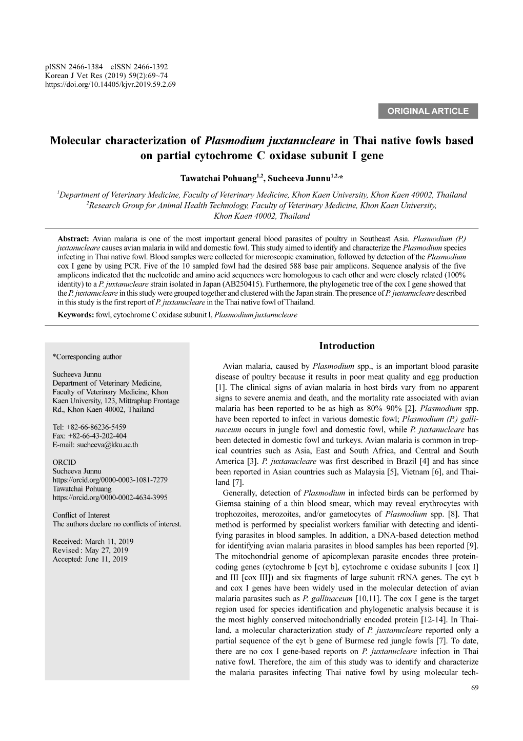 Molecular Characterization of Plasmodium Juxtanucleare in Thai Native Fowls Based on Partial Cytochrome C Oxidase Subunit I Gene