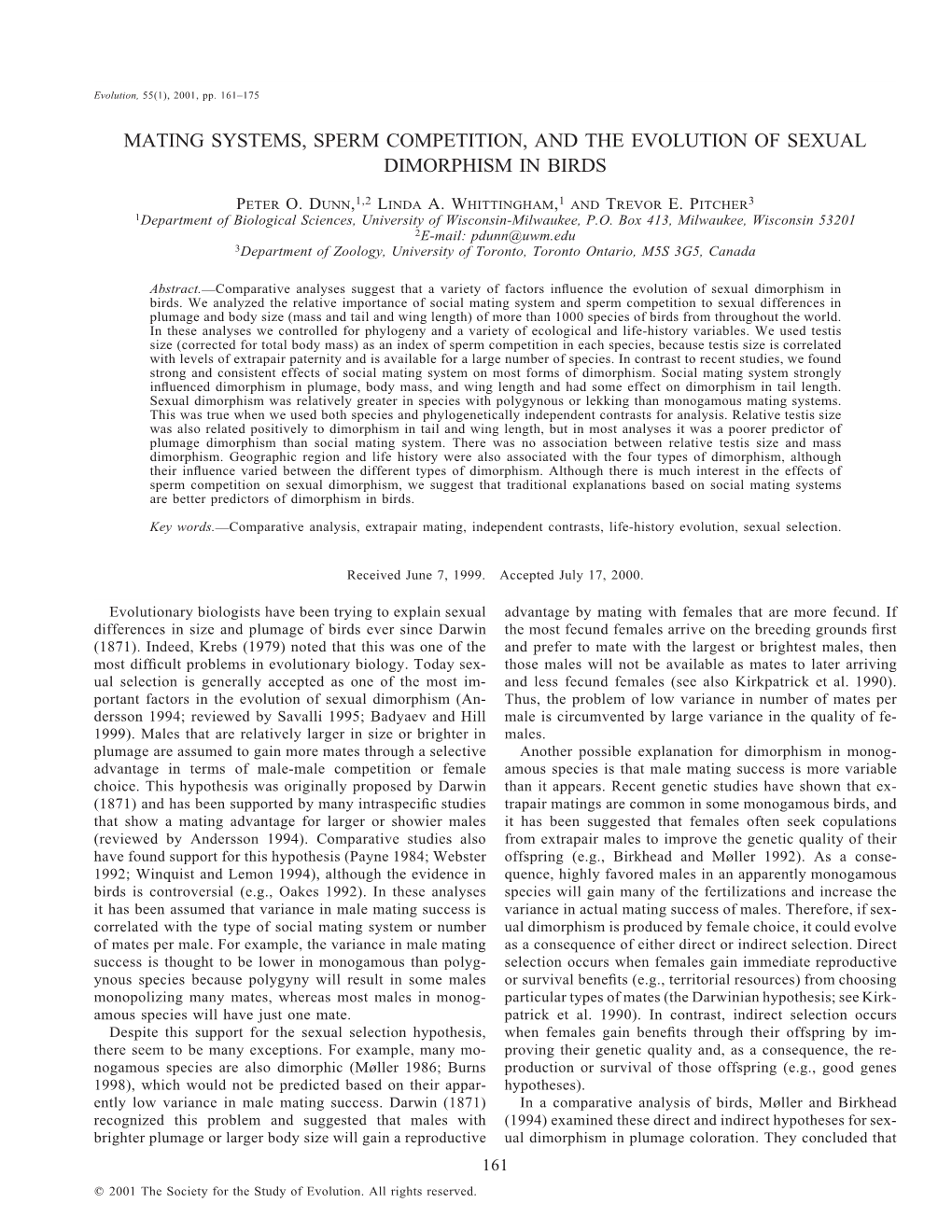 Mating Systems, Sperm Competition, and the Evolution of Sexual Dimorphism in Birds