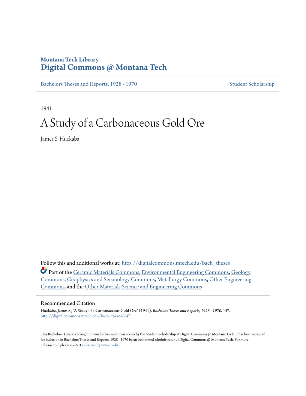 A Study of a Carbonaceous Gold Ore James S