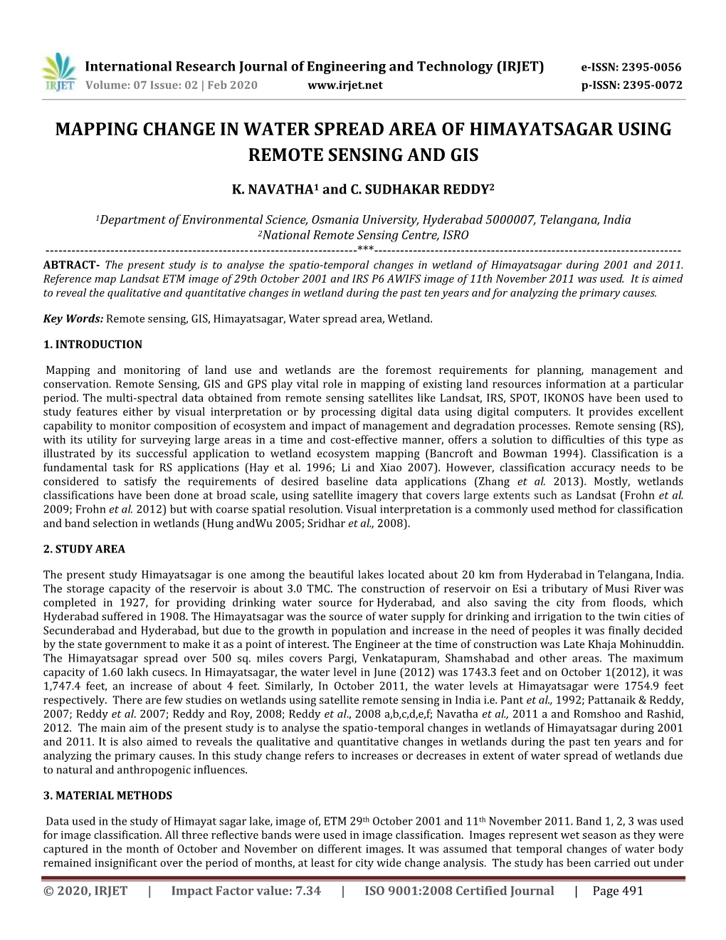 Mapping Change in Water Spread Area of Himayatsagar Using Remote Sensing and Gis