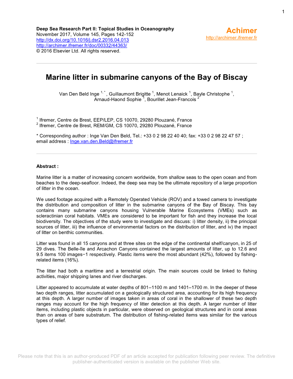 Marine Litter in Submarine Canyons of the Bay of Biscay