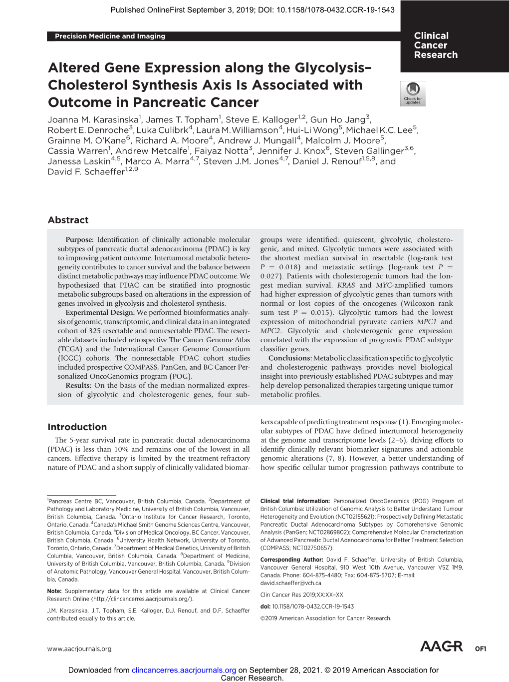 Altered Gene Expression Along the Glycolysis– Cholesterol Synthesis Axis Is Associated with Outcome in Pancreatic Cancer Joanna M