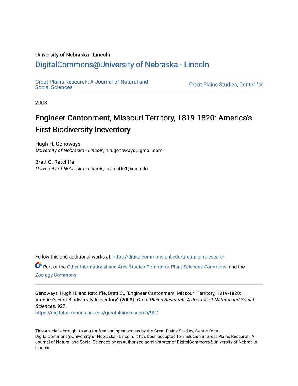 Engineer Cantonment, Missouri Territory, 1819-1820: America's First Biodiversity Ineventory