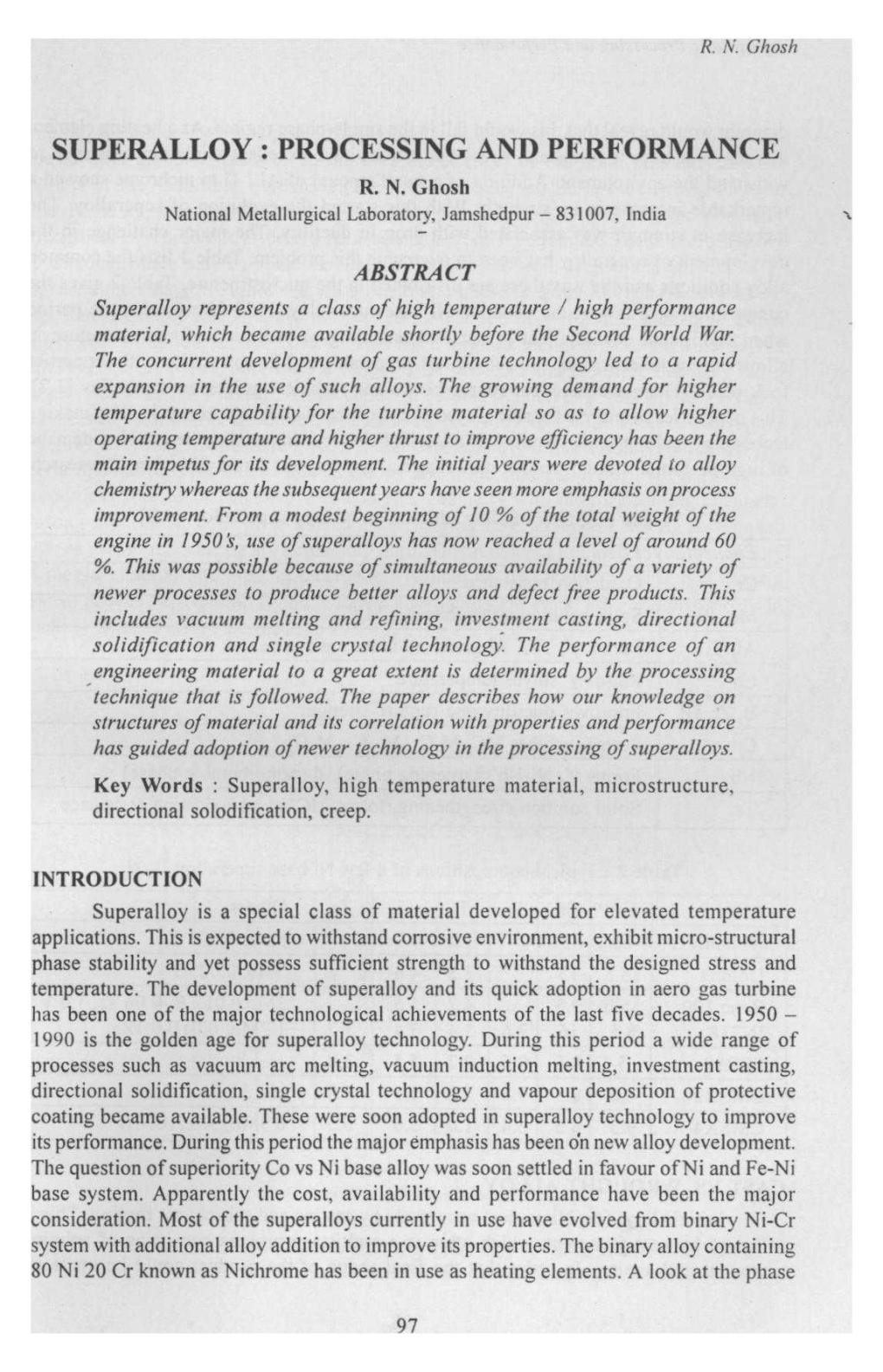 Superalloy : Processing and Performance R