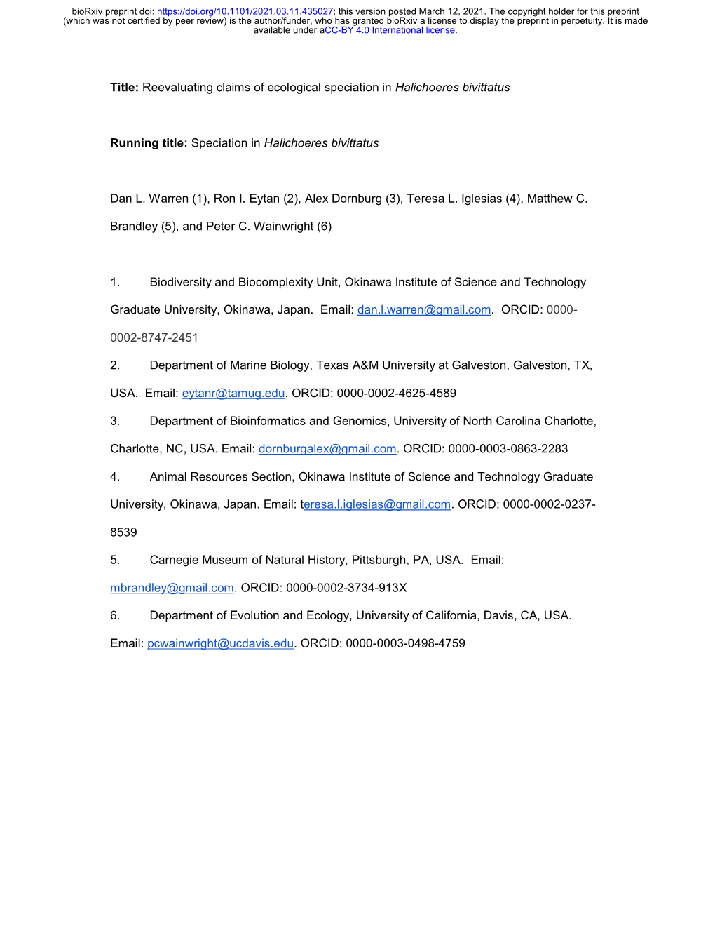 Reevaluating Claims of Ecological Speciation in Halichoeres Bivittatus