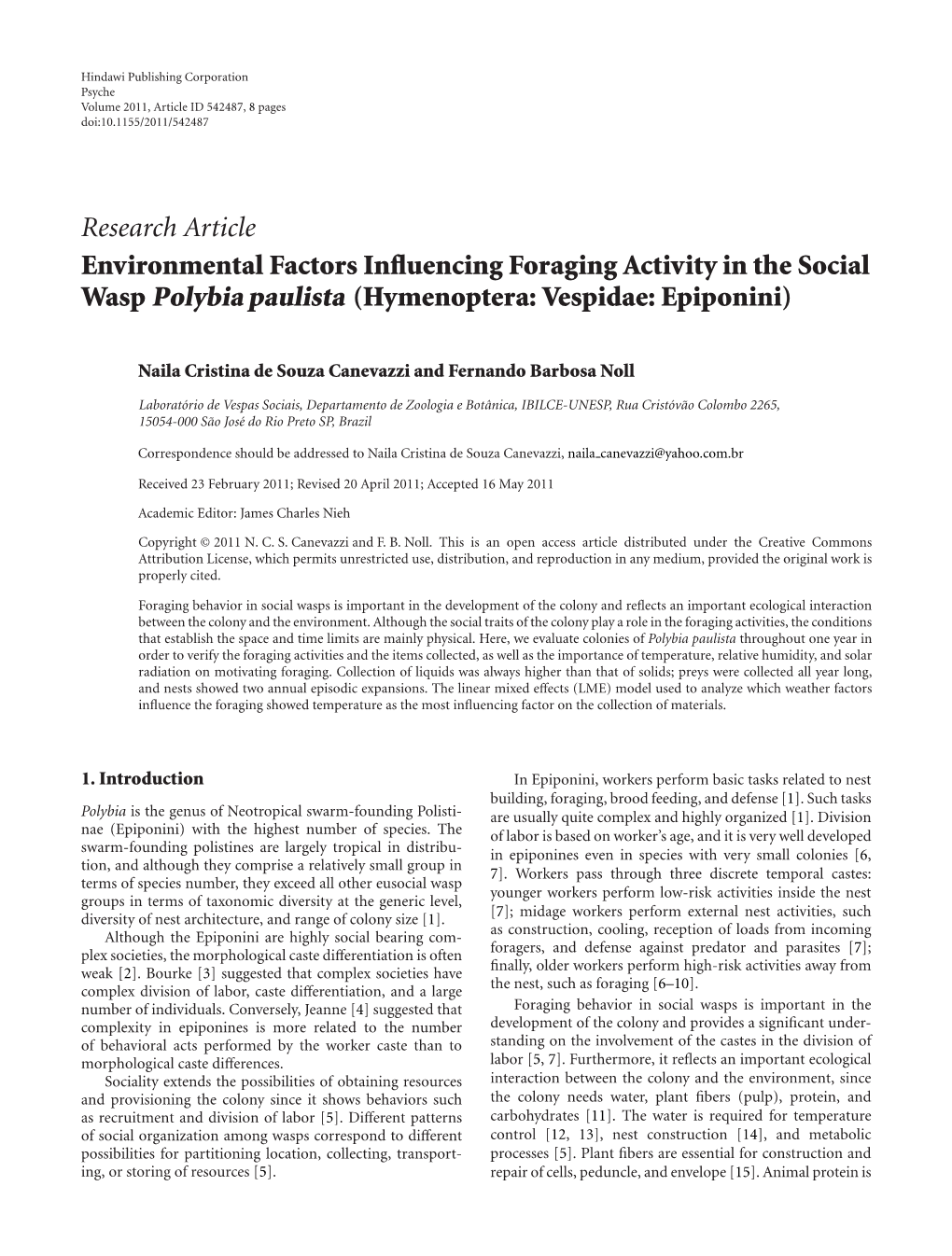 Environmental Factors Influencing Foraging Activity in the Social Wasp