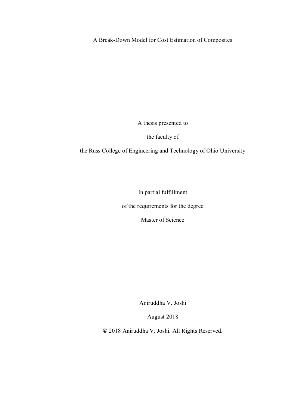 A Break-Down Model for Cost Estimation of Composites a Thesis