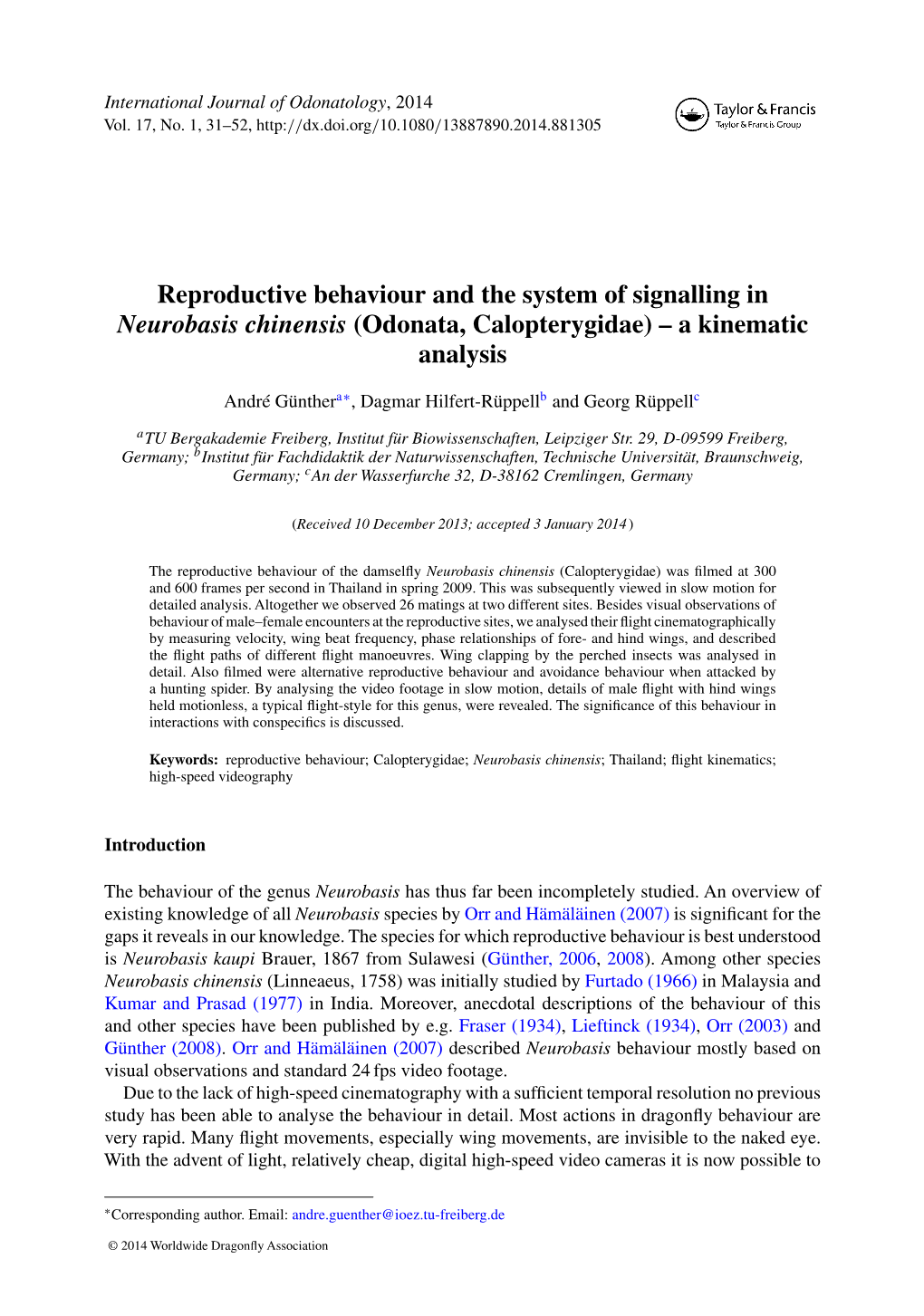 Reproductive Behaviour and the System of Signalling in Neurobasis Chinensis (Odonata, Calopterygidae) – a Kinematic Analysis