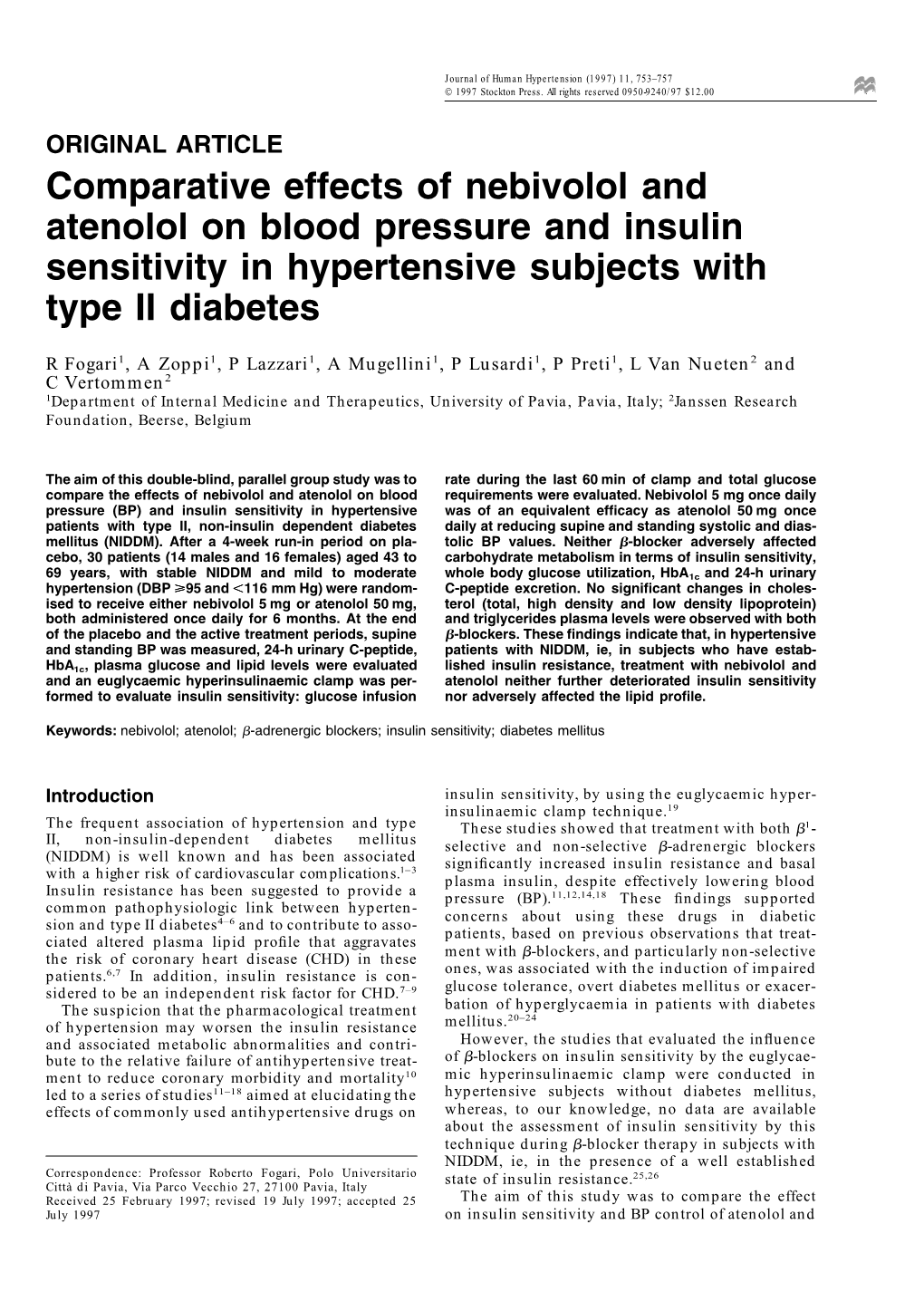 Comparative Effects of Nebivolol and Atenolol on Blood Pressure and Insulin Sensitivity in Hypertensive Subjects with Type II Diabetes