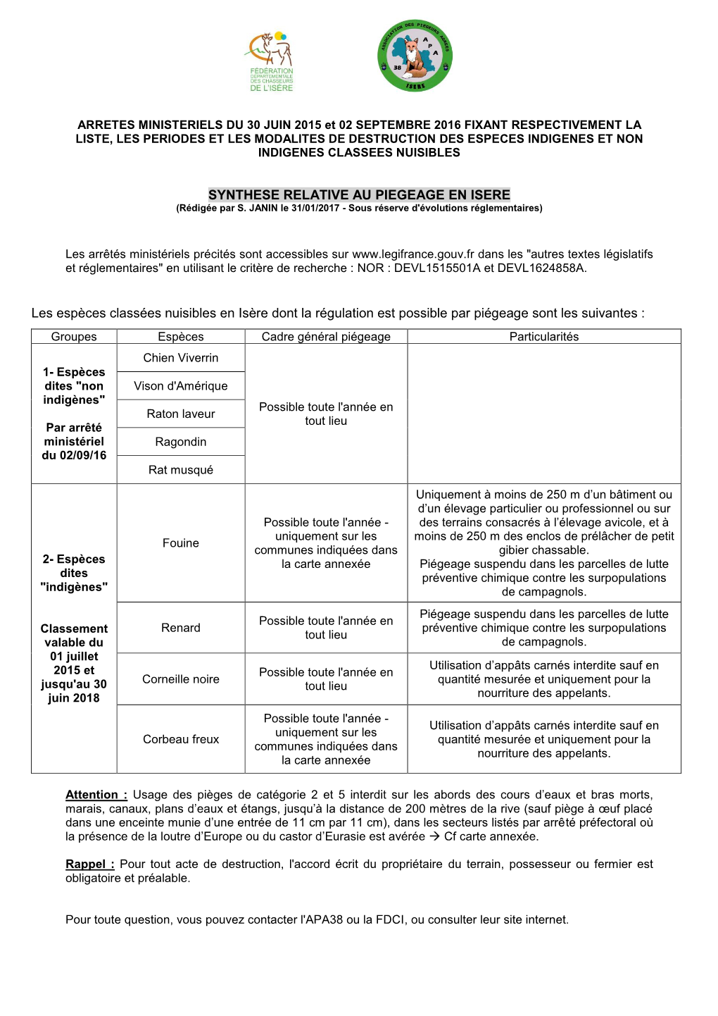 SYNTHESE RELATIVE AU PIEGEAGE EN ISERE Les Espèces