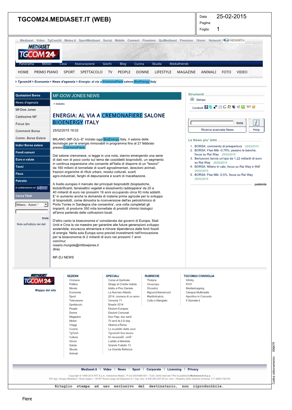 TGCOM24.MEDIASET.IT (WEB) Data 25-02-2015 Pagina Foglio 1