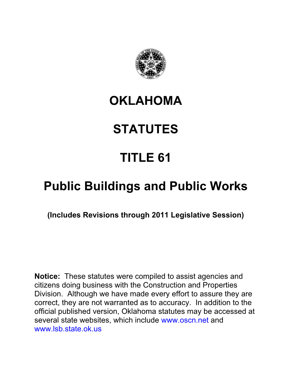 OKLAHOMA STATUTES TITLE 61 Public Buildings and Public Works