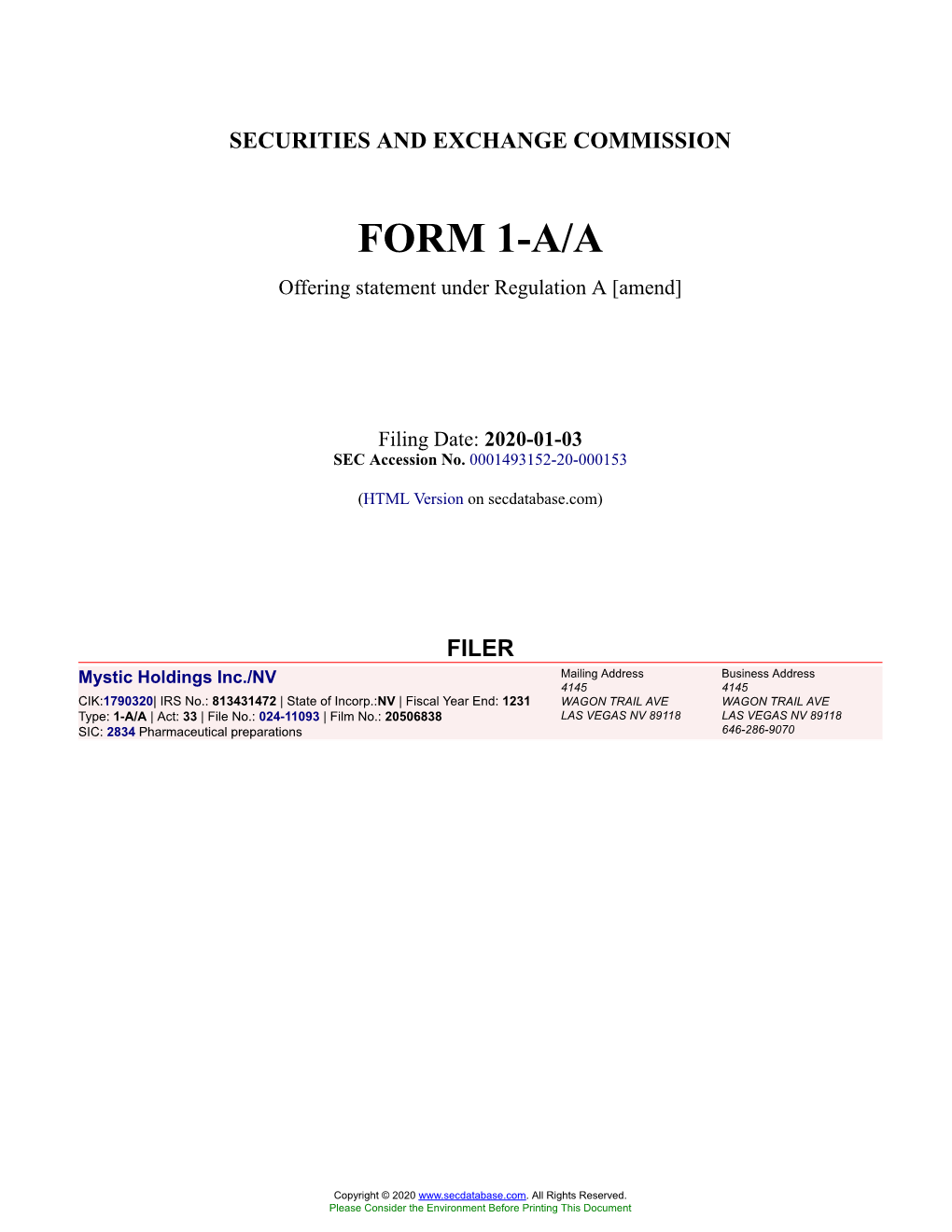 Mystic Holdings Inc./NV Form 1-A/A Filed 2020-01-03