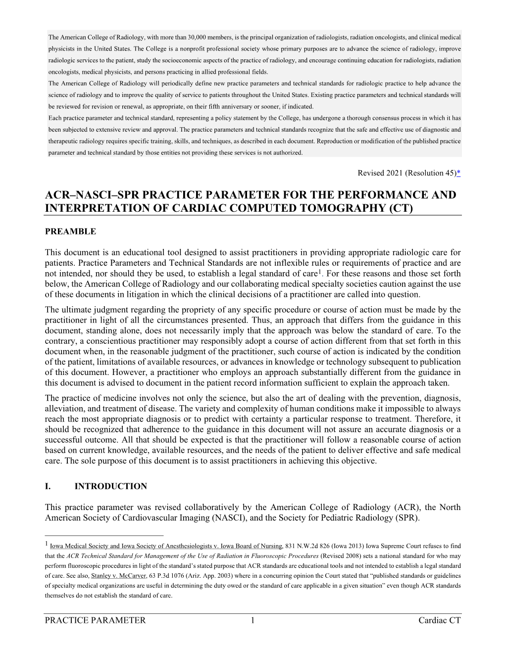 American College of Radiology – Practice Parameter for Cardiac CT