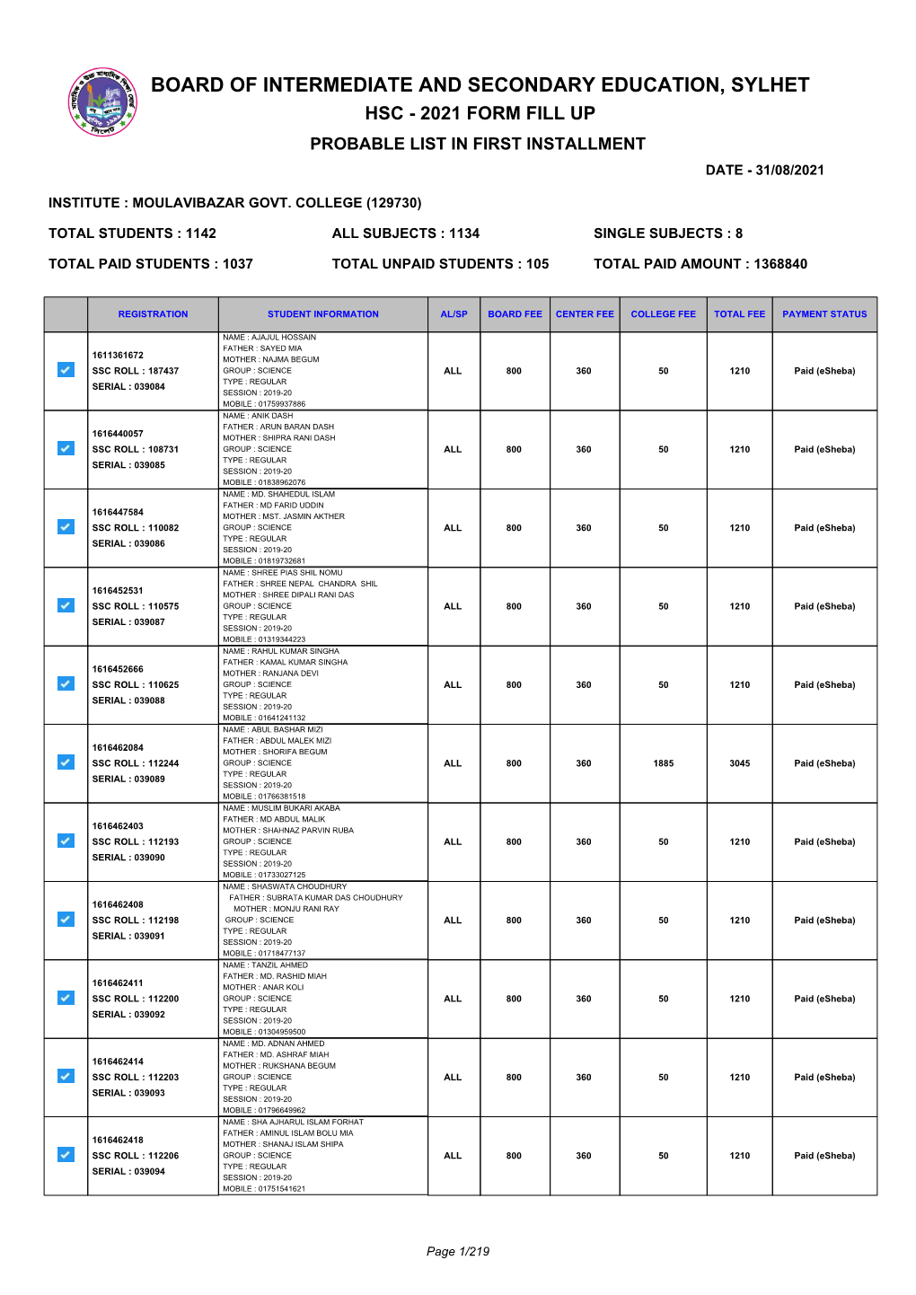 Board of Intermediate and Secondary Education, Sylhet Hsc - 2021 Form Fill up Probable List in First Installment Date - 31/08/2021