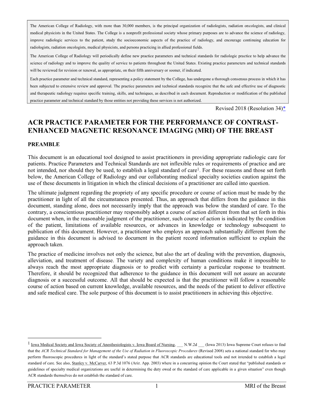 ACR Practice Parameter for Performance of Contrast Enhanced