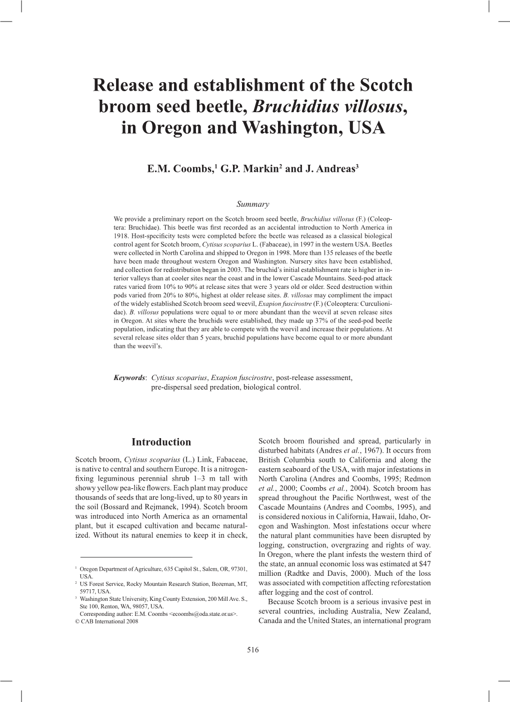 Release and Establishment of the Scotch Broom Seed Beetle, Bruchidius Villosus, in Oregon and Washington, USA