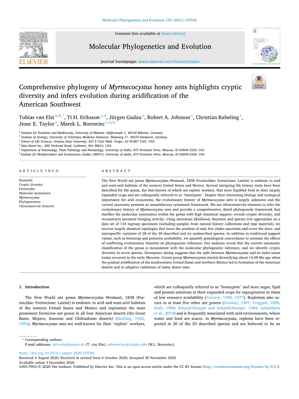 Comprehensive Phylogeny of Myrmecocystus Honey Ants Highlights Cryptic Diversity and Infers Evolution During Aridification of the American Southwest