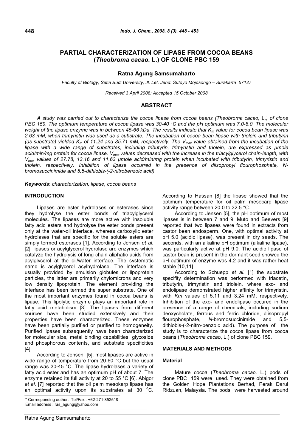 PARTIAL CHARACTERIZATION of LIPASE from COCOA BEANS (Theobroma Cacao