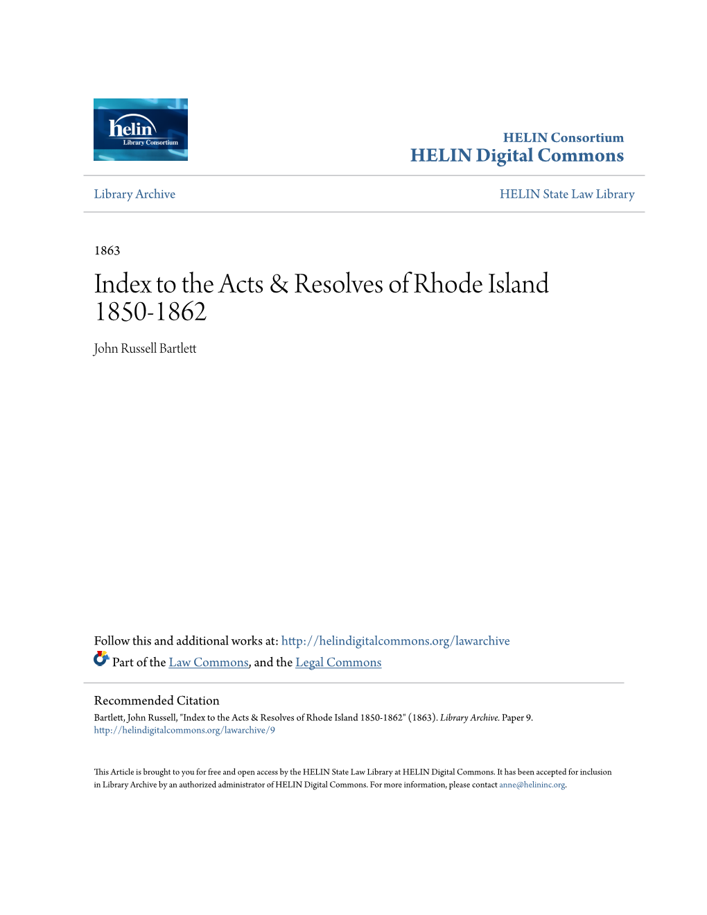 Index to the Acts & Resolves of Rhode Island 1850-1862