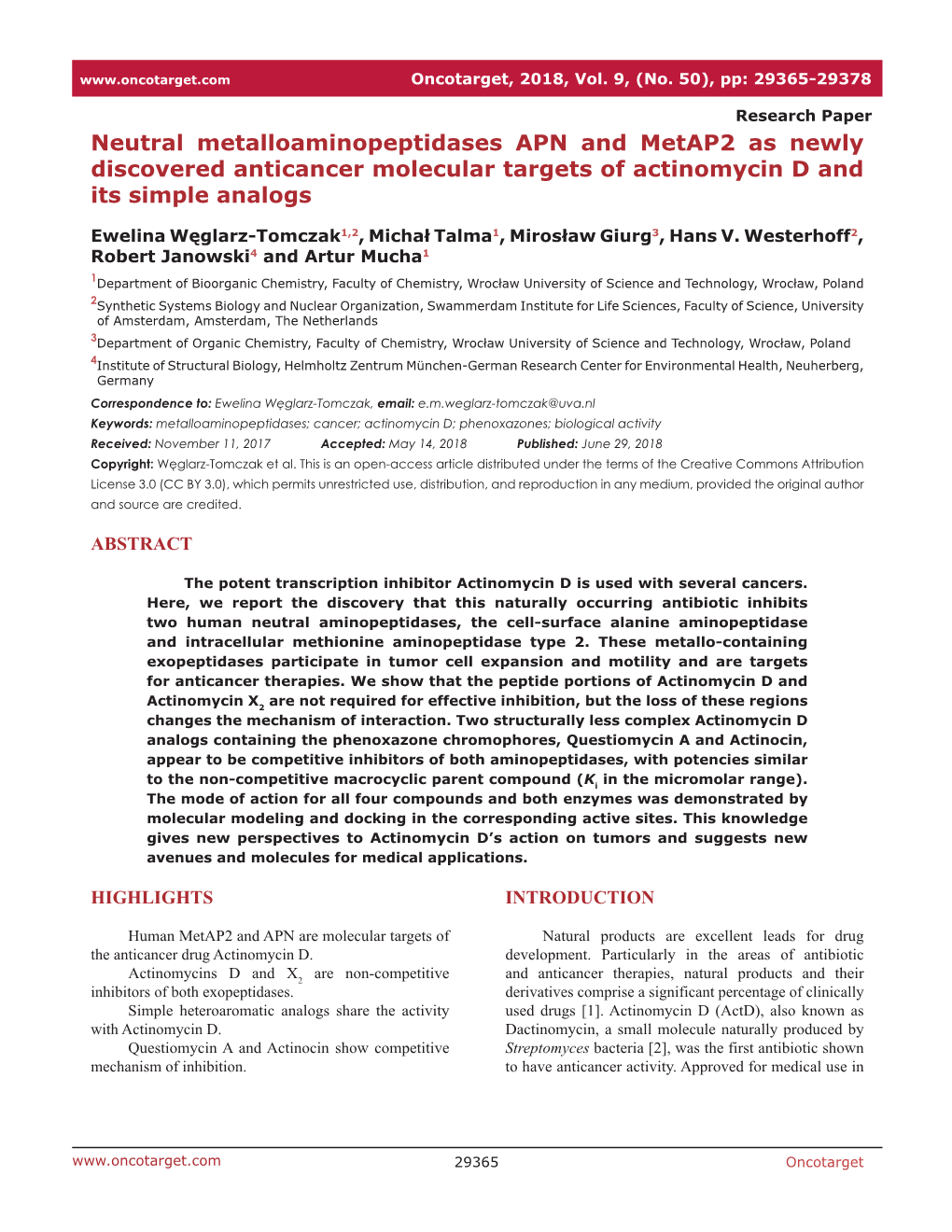 Neutral Metalloaminopeptidases APN and Metap2 As Newly Discovered Anticancer Molecular Targets of Actinomycin D and Its Simple Analogs