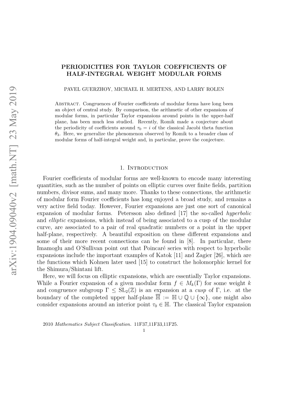 Arxiv:1904.09040V2 [Math.NT]