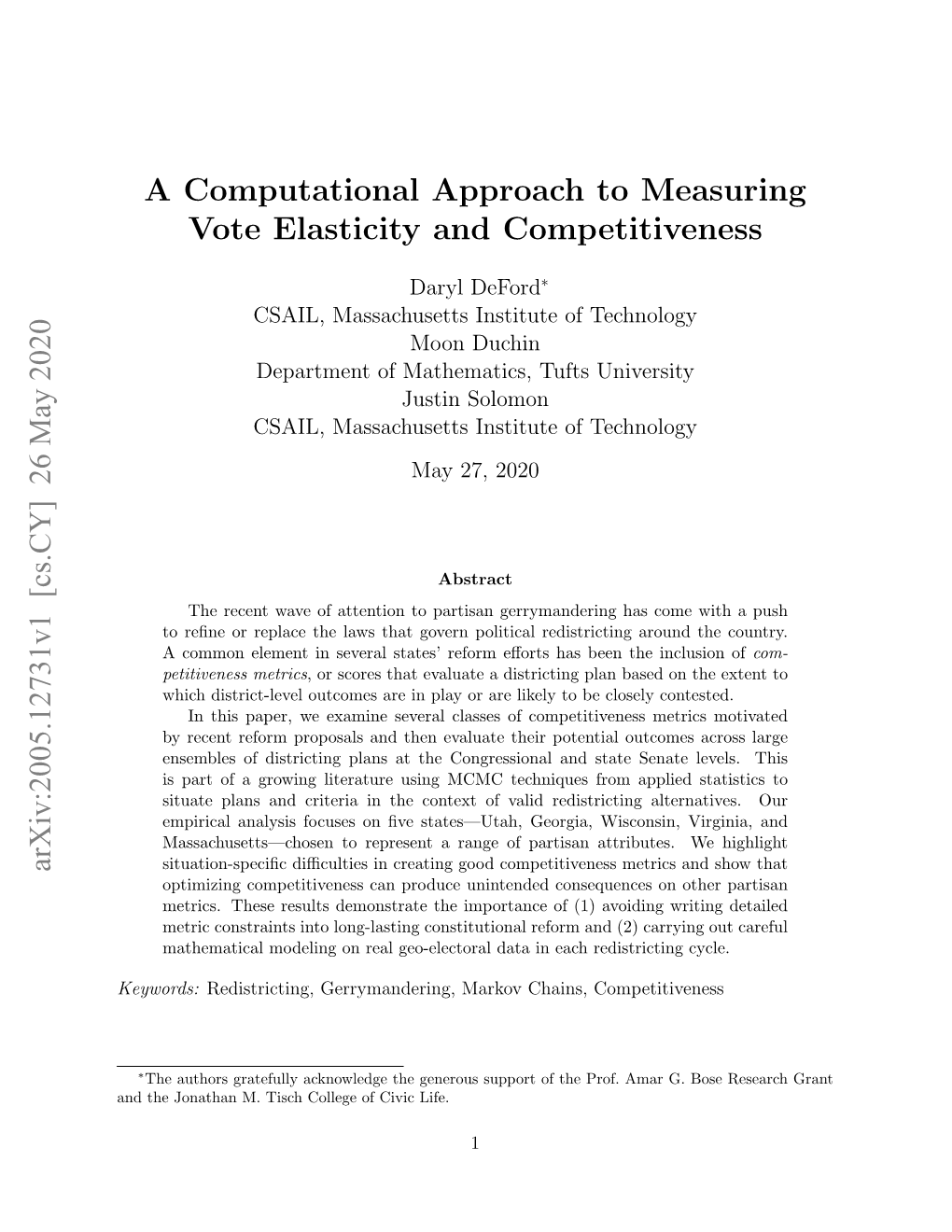 A Computational Approach to Measuring Vote Elasticity and Competitiveness