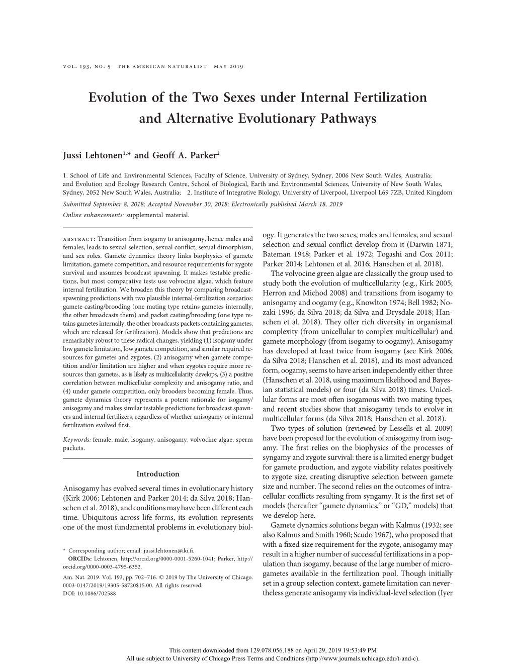 Evolution of the Two Sexes Under Internal Fertilization and Alternative Evolutionary Pathways