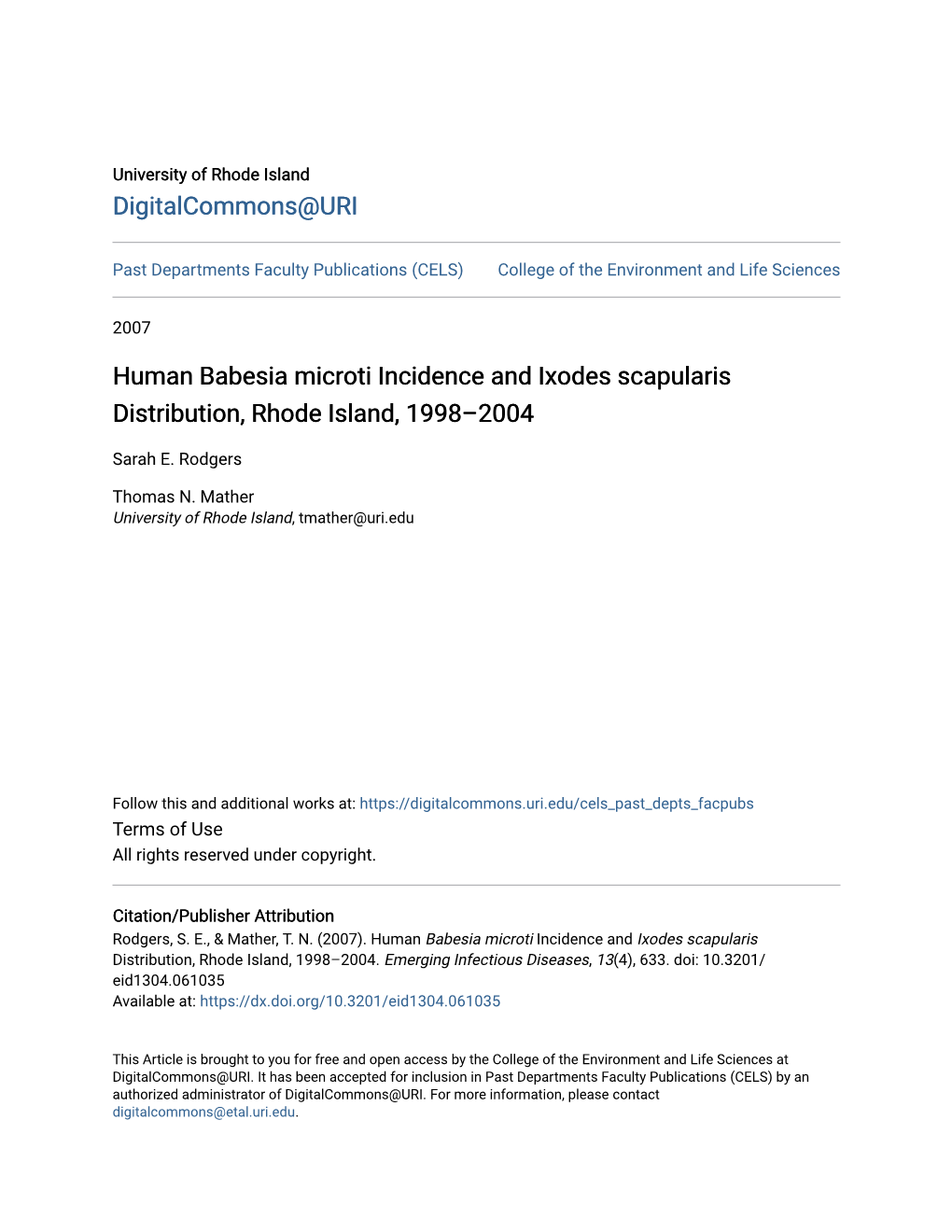 Human Babesia Microti Incidence and Ixodes Scapularis Distribution, Rhode Island, 1998–2004