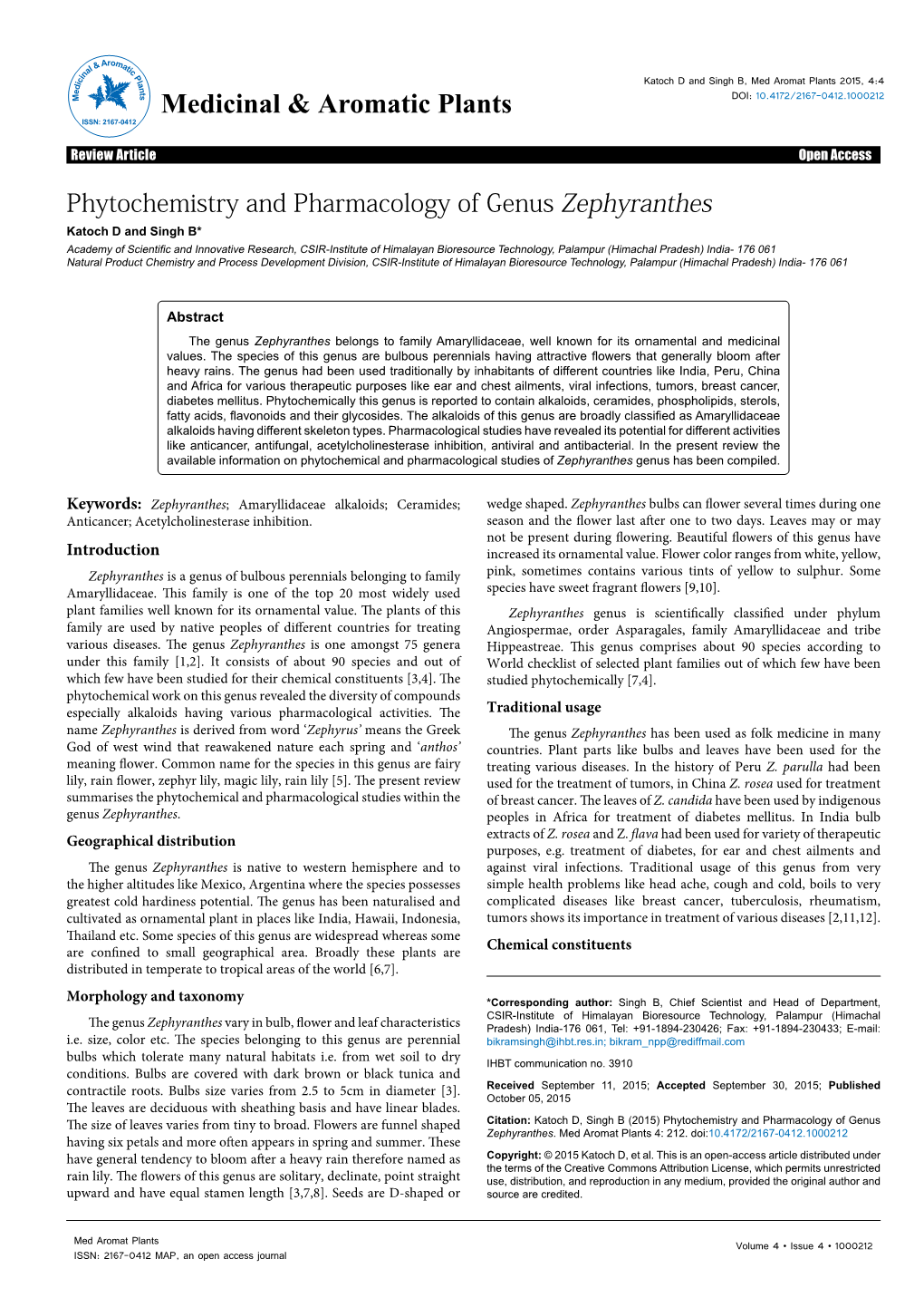 Phytochemistry and Pharmacology of Genus Zephyranthes