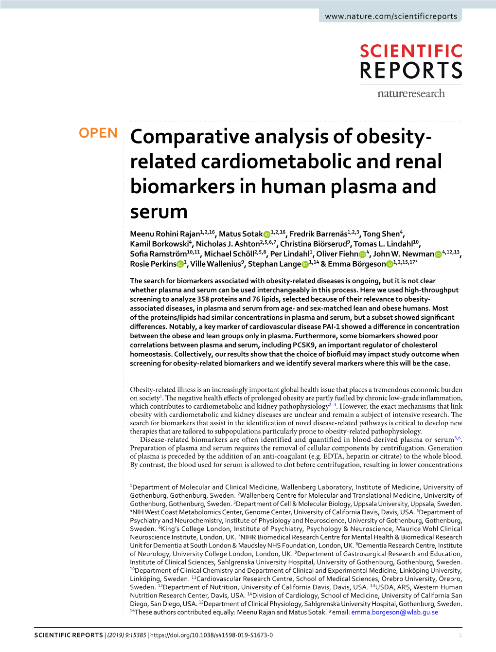 Related Cardiometabolic and Renal Biomarkers in Human Plasma And