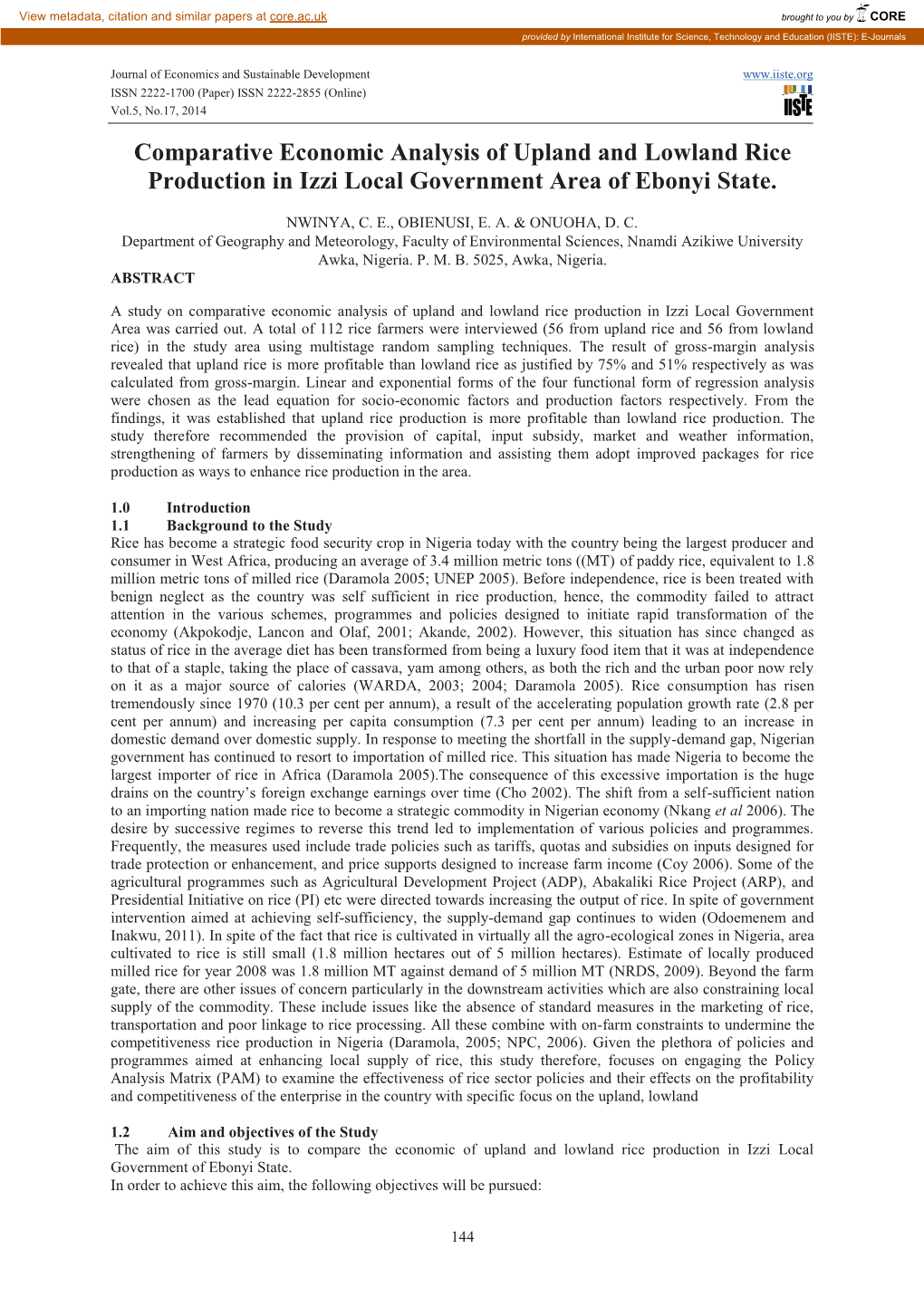 Comparative Economic Analysis of Upland and Lowland Rice Production in Izzi Local Government Area of Ebonyi State