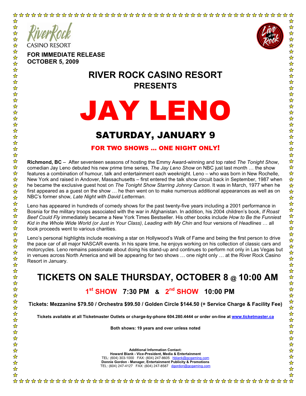 Jay Leno Saturday, January 9