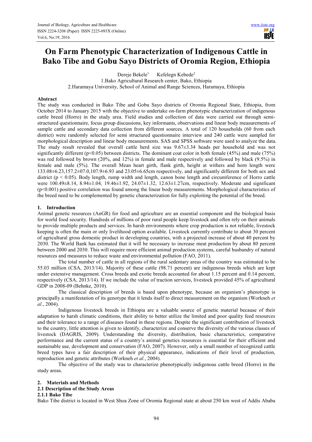 On Farm Phenotypic Characterization of Indigenous Cattle in Bako Tibe and Gobu Sayo Districts of Oromia Region, Ethiopia