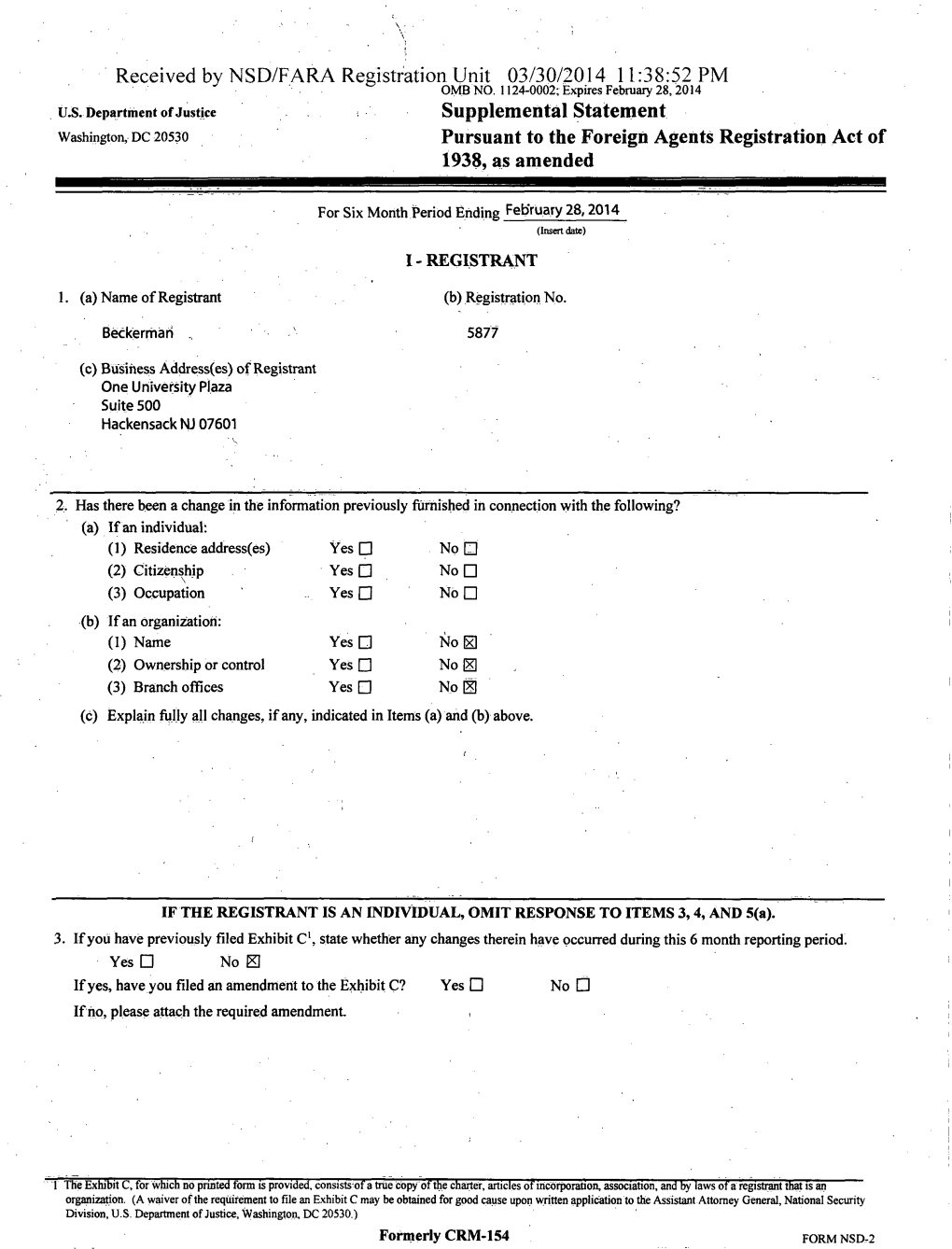 Supplemental Statement Washington, DC 20530 Pursuant to the Foreign Agents Registration Act of 1938, As Amended