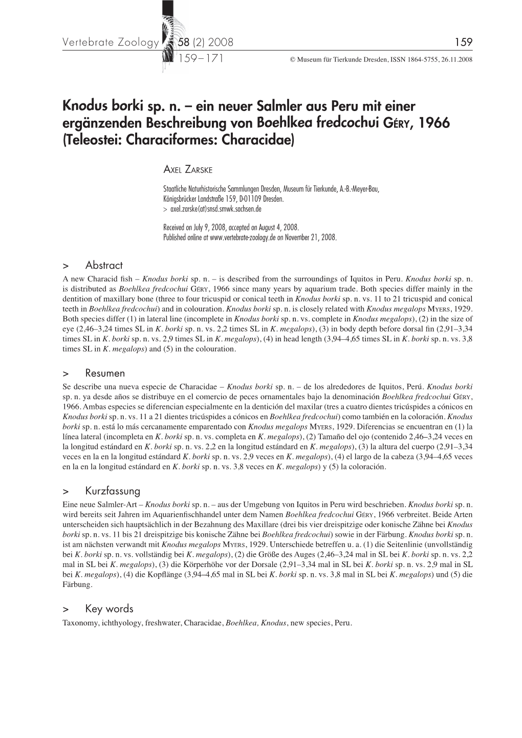 Knodus Borki Sp. N. – Ein Neuer Salmler Aus Peru Mit Einer Ergänzenden Beschreibung Von Boehlkea Fredcochui GÉRY, 1966 (Teleostei: Characiformes: Characidae)