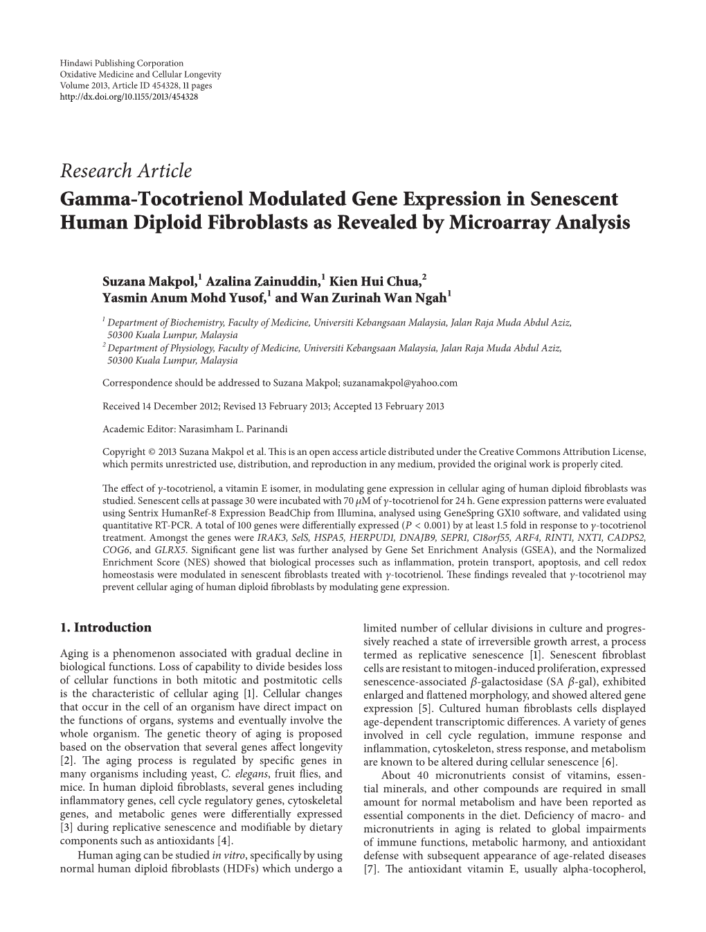 Gamma-Tocotrienol Modulated Gene Expression in Senescent Human Diploid Fibroblasts As Revealed by Microarray Analysis