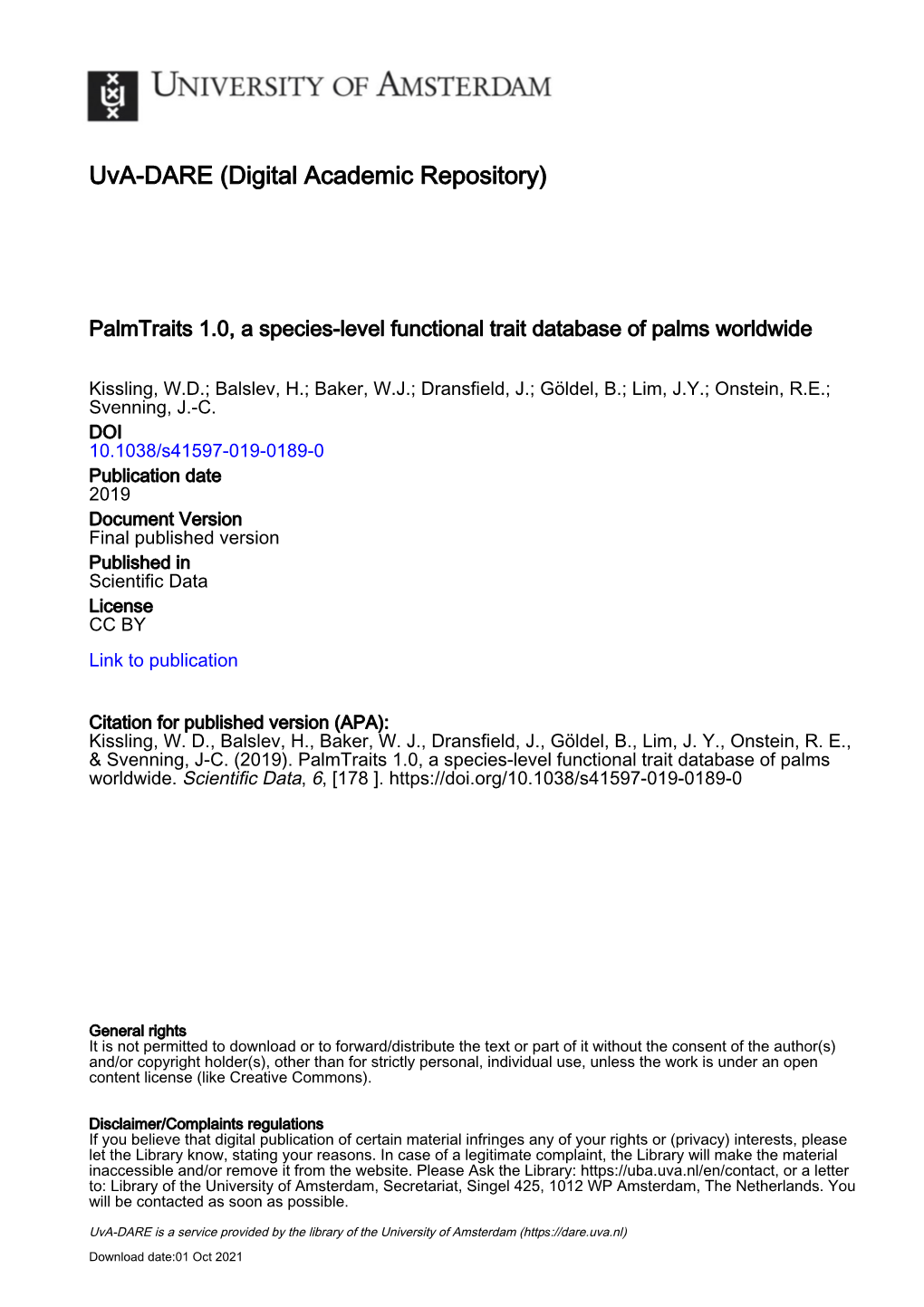 Palmtraits 1.0, a Species-Level Functional Trait Database of Palms Worldwide